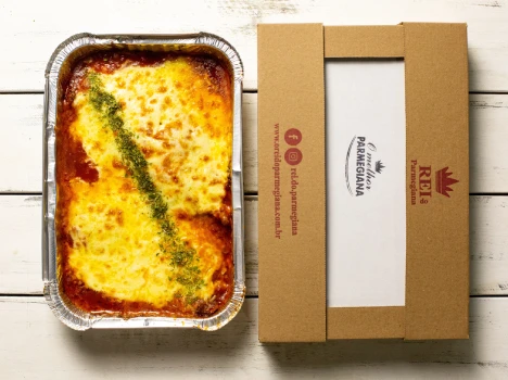 Embalagem especial do Rei do Parmegiana, projetada para manter o sabor até sua mesa