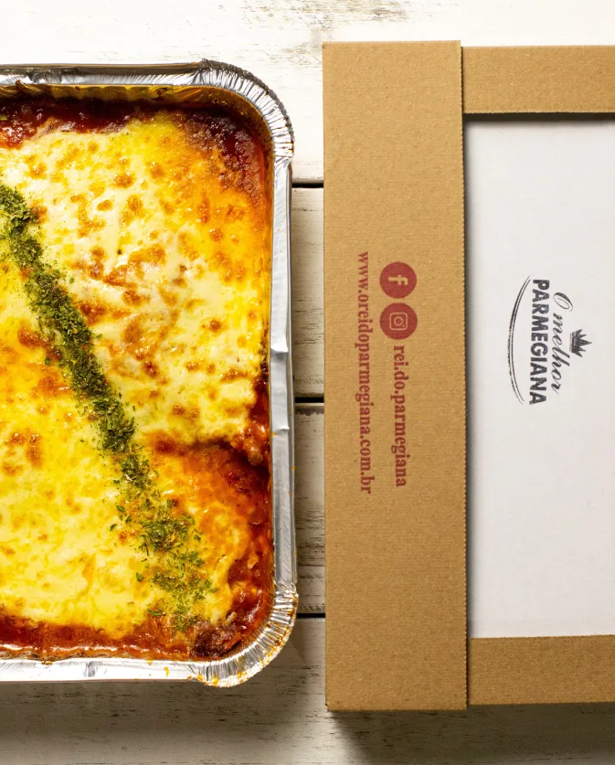 Embalagem especial do Rei do Parmegiana, projetada para manter o sabor até sua mesa
